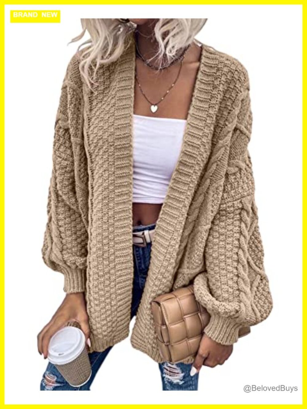Oversized Cable Knit Lantern Sleeve Cardigan Sweater